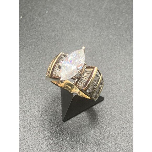 Gold Over Sterling Ring Cz Sterling Silver 925 Multi Row Marquise Raised Design - Picture 3 of 8